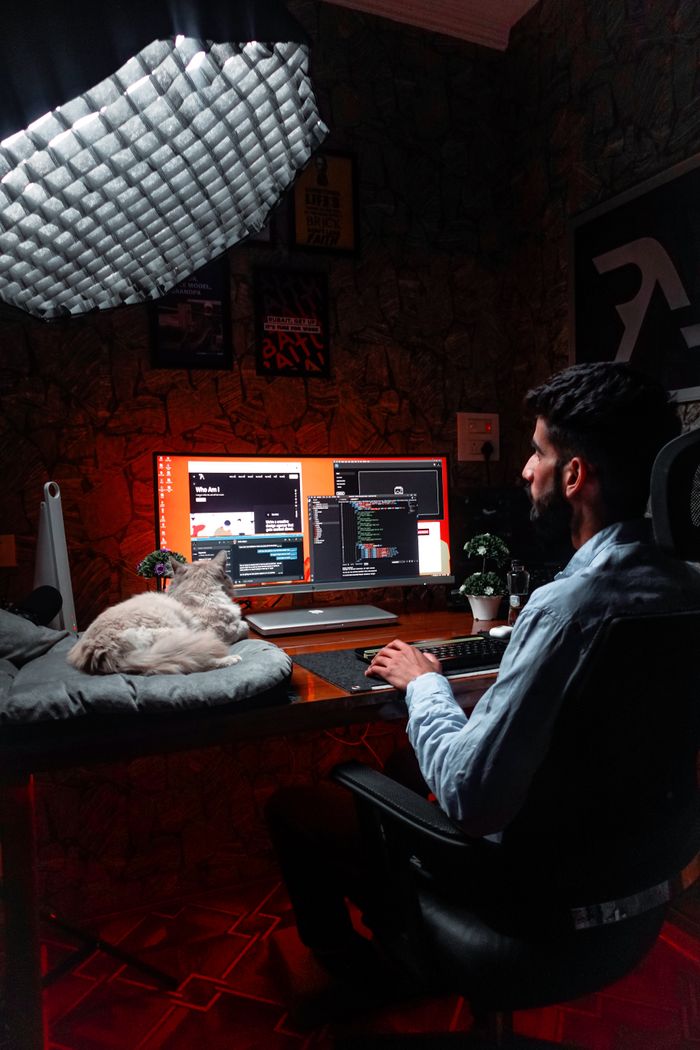 why-choose-us A man working at a computer in a home office with a cat nearby, using soft lighting for a cozy environment.